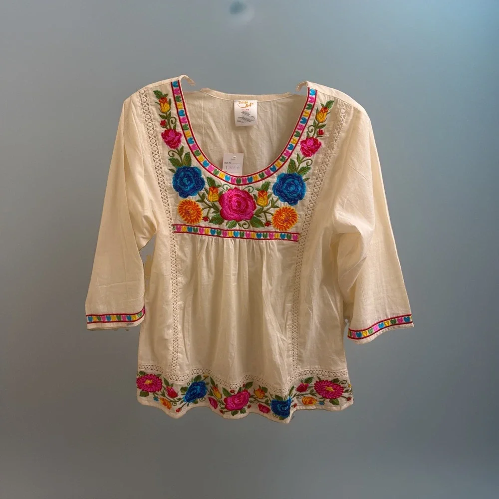 Durga Women's Top Heavily Embroidered Floral Shirt Vibrant Multicolor Med White